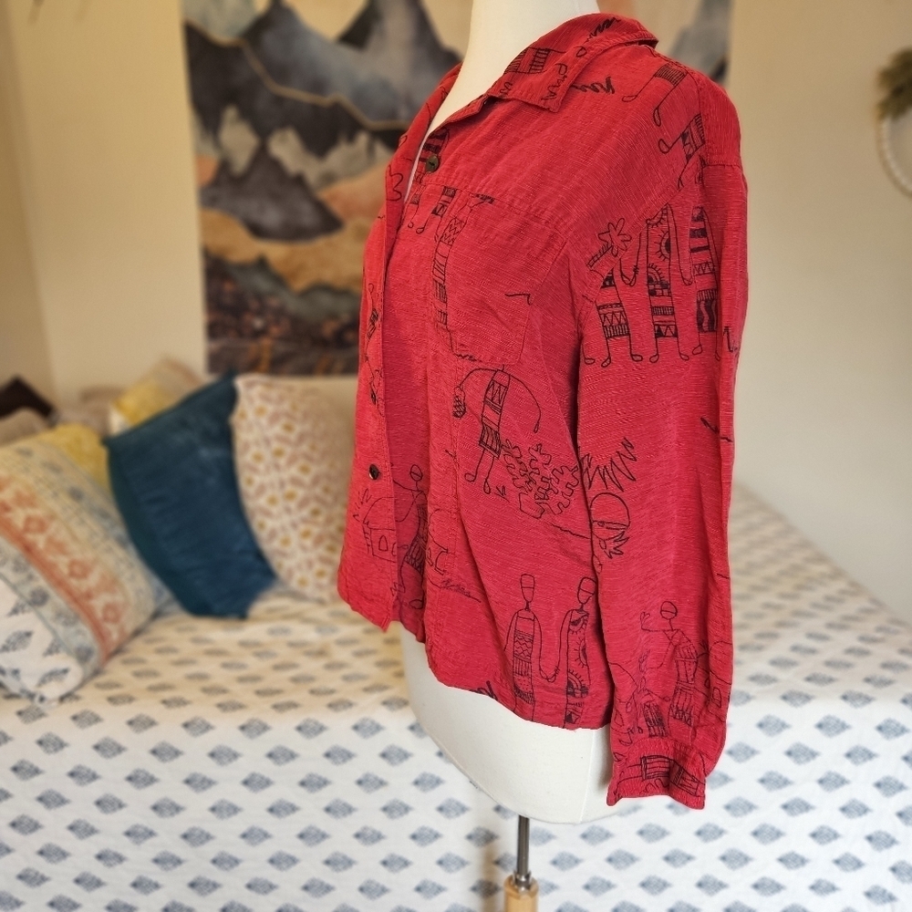 Chico's Red Silk Linen Western Print Blouse Size 3 / Medium Button Down - Picture 6 of 9